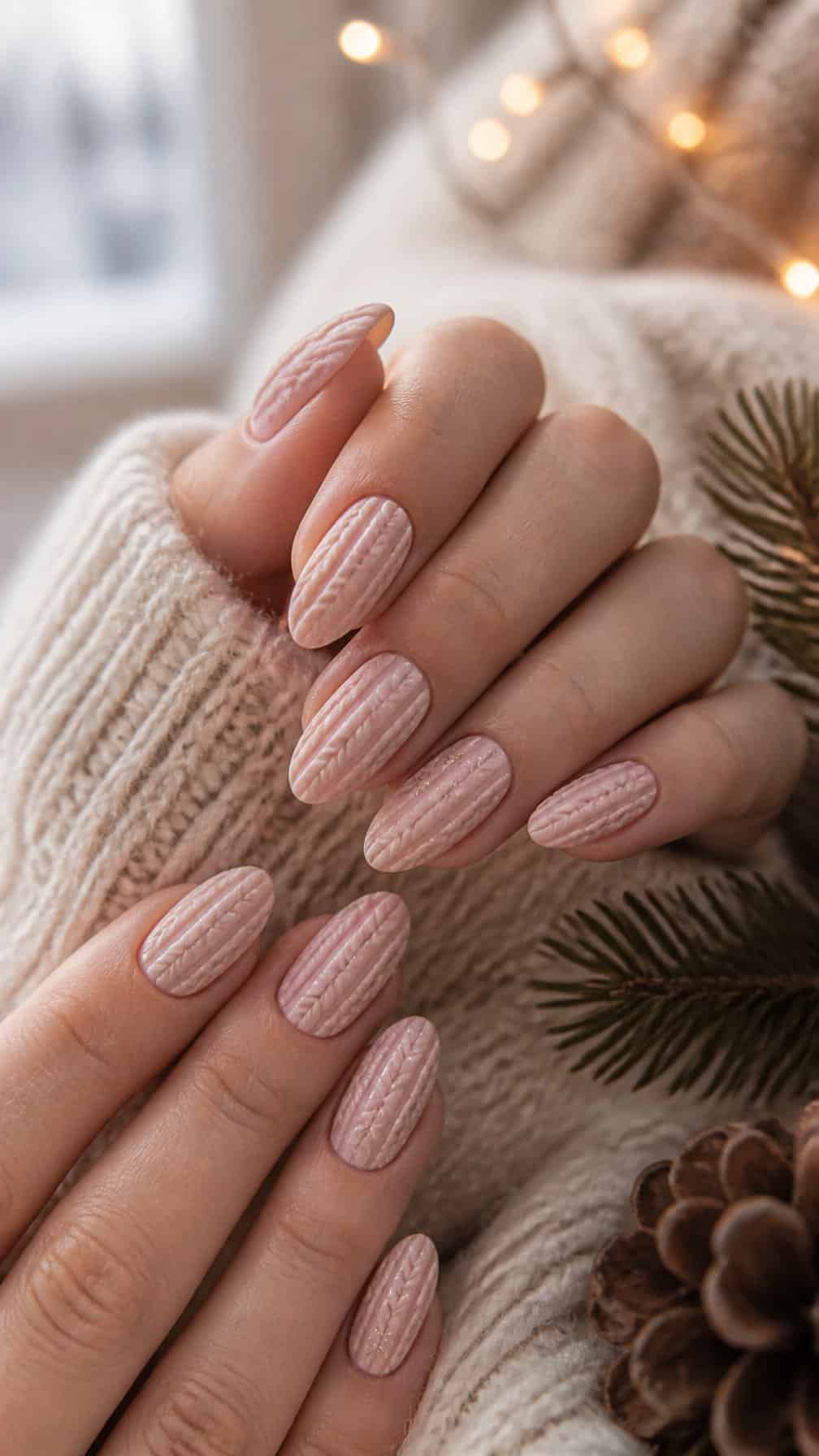 Close-up of hands with blush pink textured sweater-pattern nails resting on a cream knitted sweater.