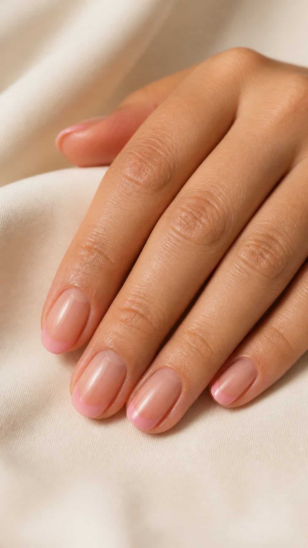 A hand with short natural nails featuring subtle blush-pink tips rests on a light neutral surface.