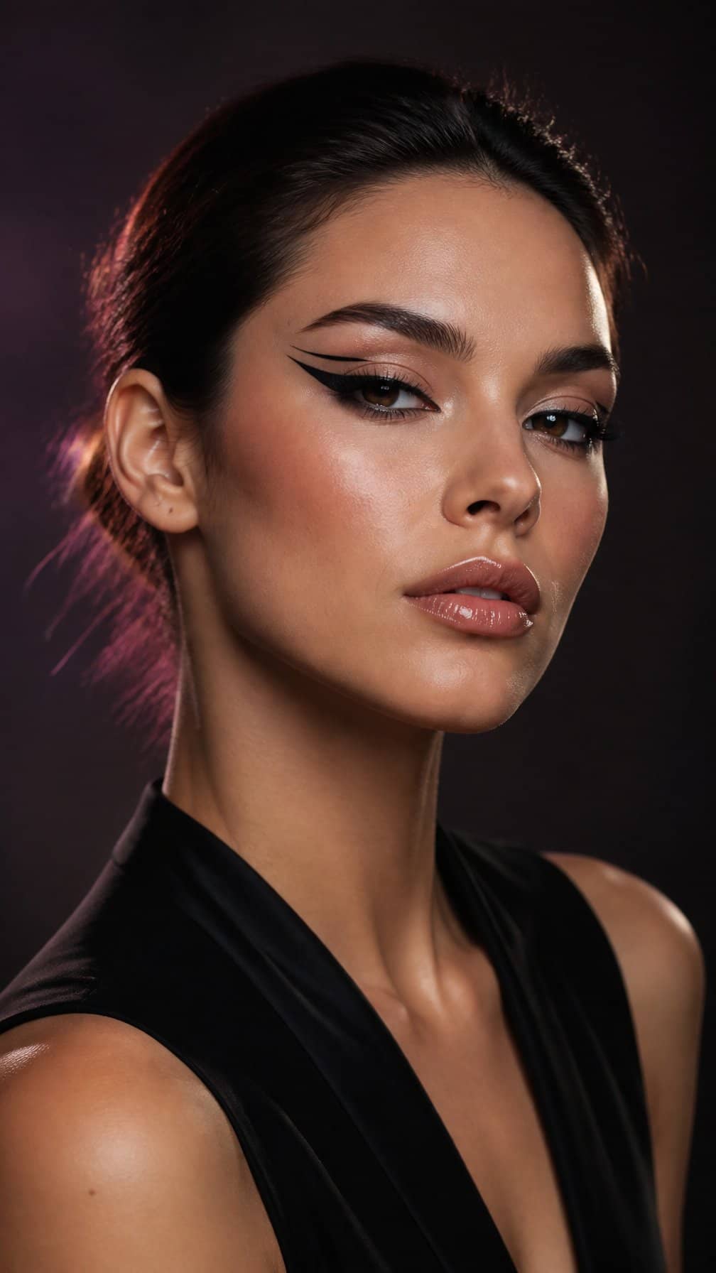 Close-up portrait of a woman wearing bold black graphic eyeliner and polished evening makeup.