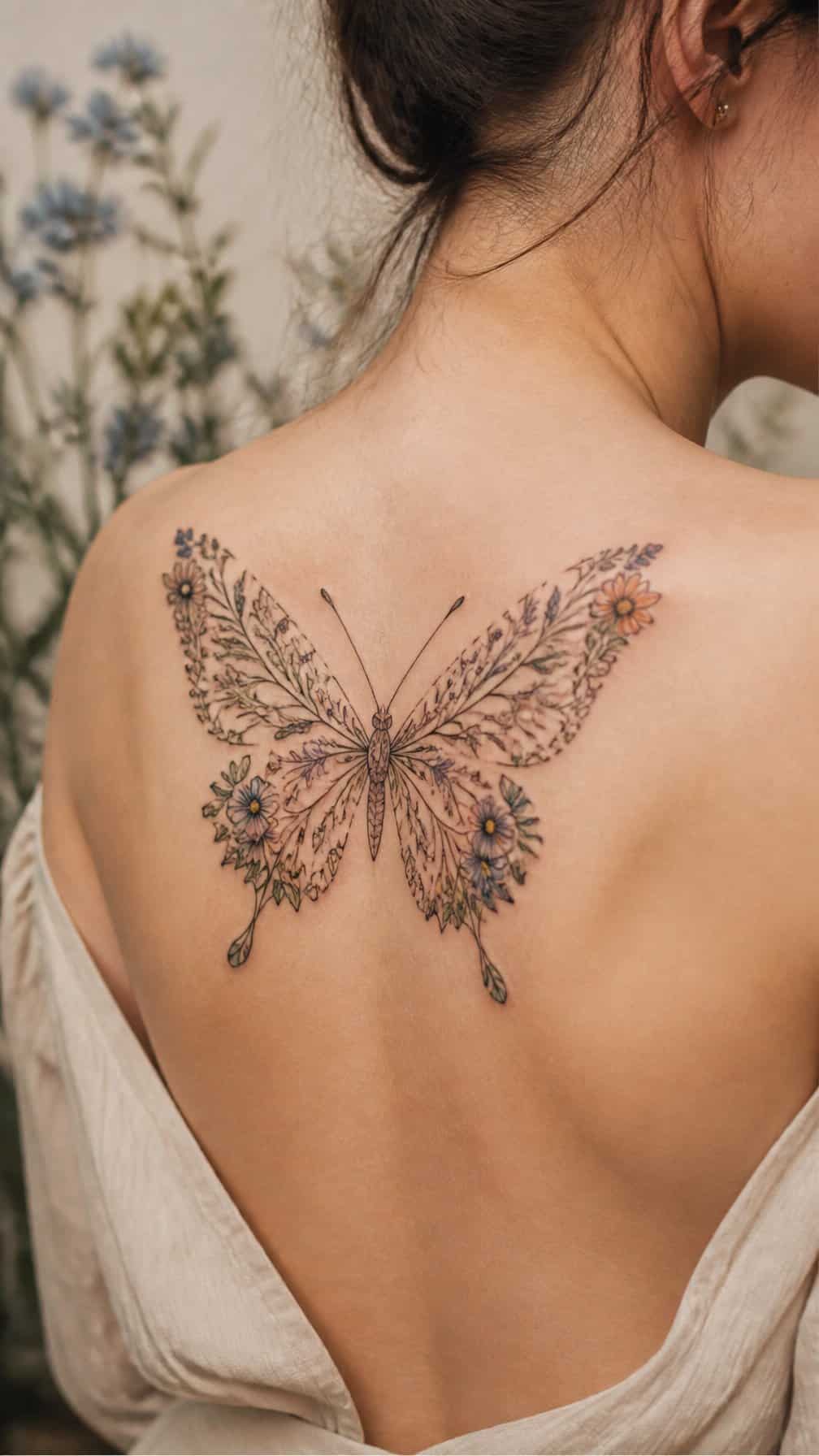 A delicate butterfly tattoo made from native wildflower shapes on human skin.