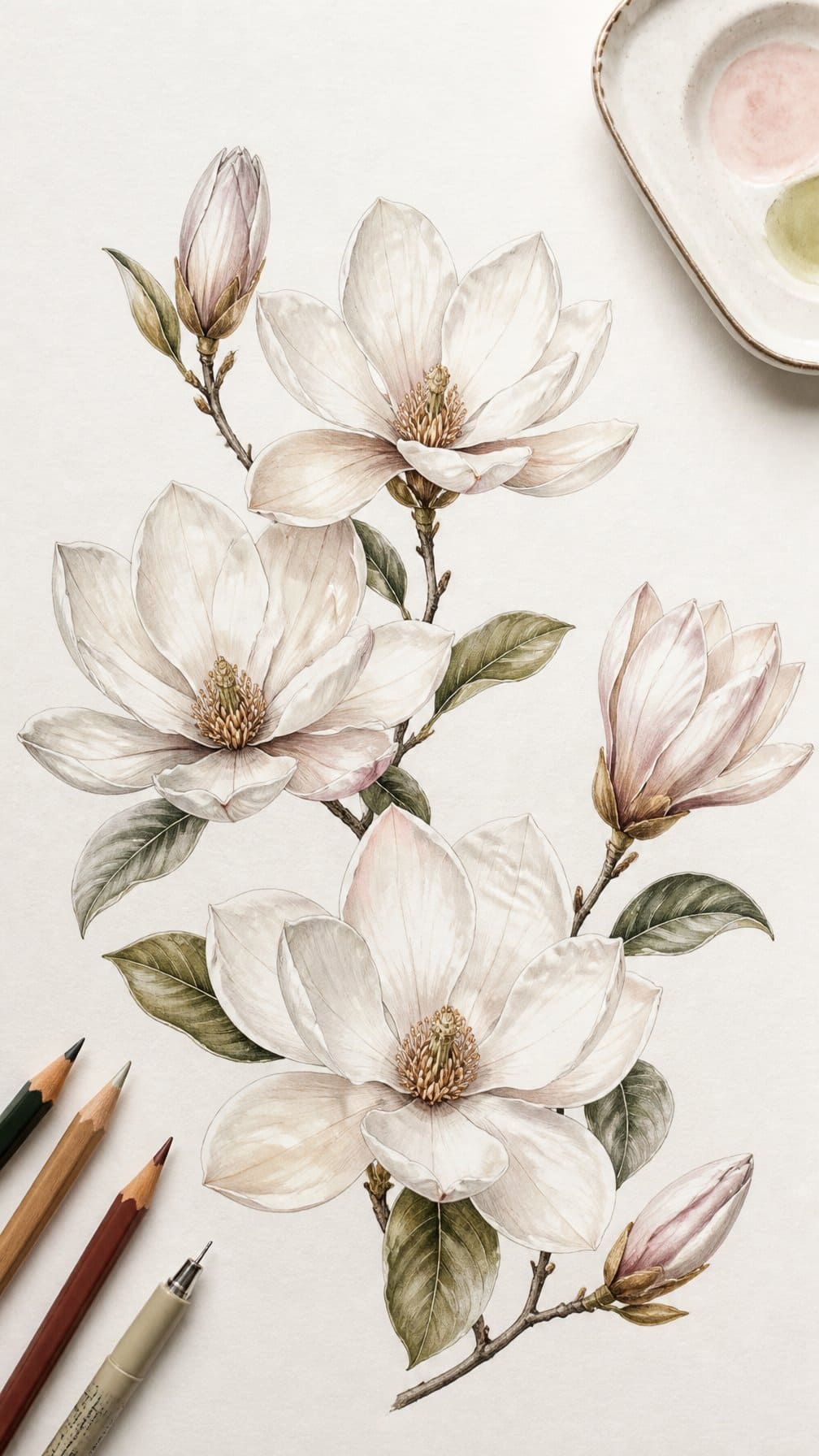 A botanical illustration of magnolia blossoms and leaves arranged on a light paper background with drawing tools nearby.