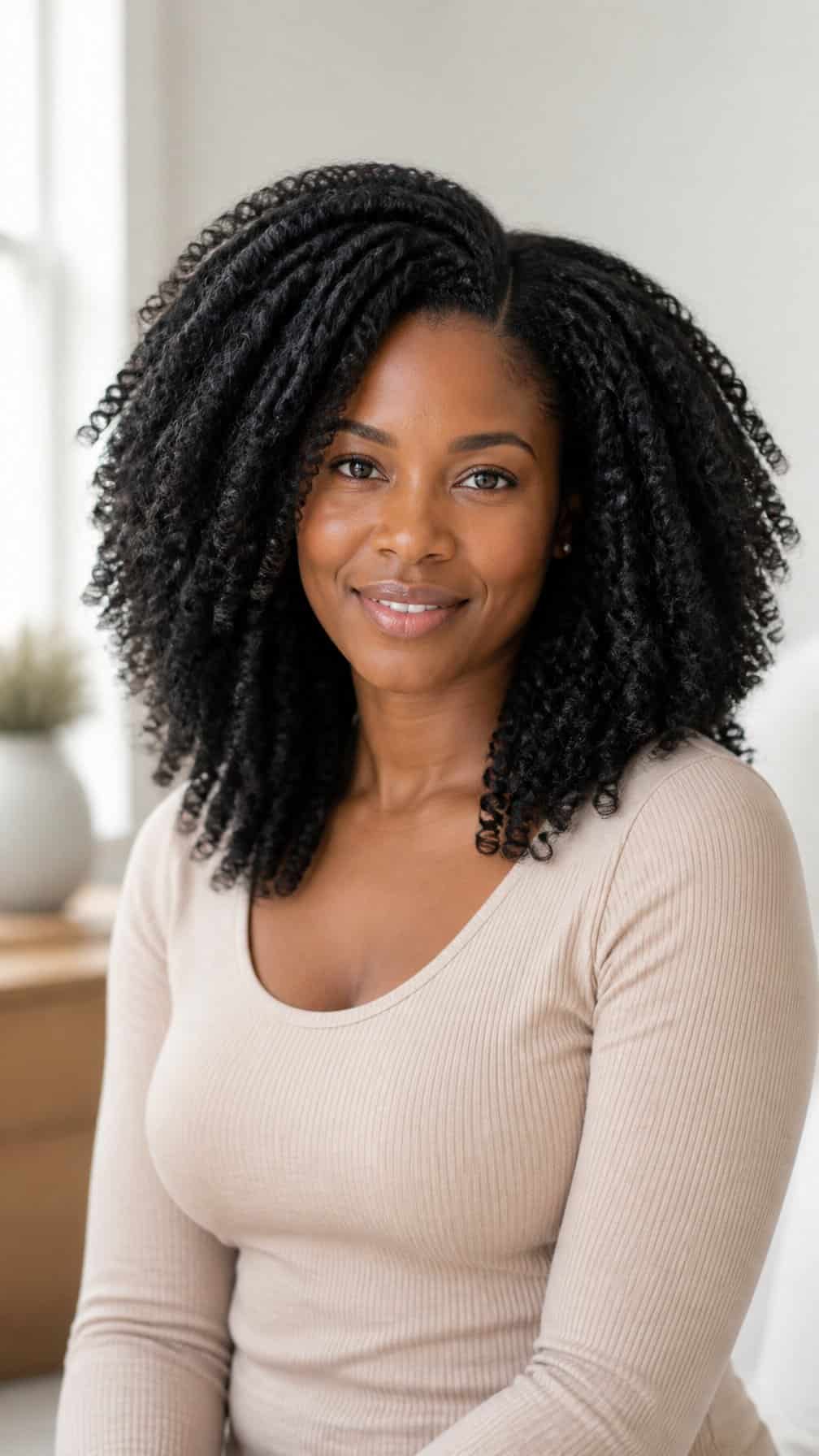A woman wearing stretched, defined natural coils in a braid-out hairstyle.