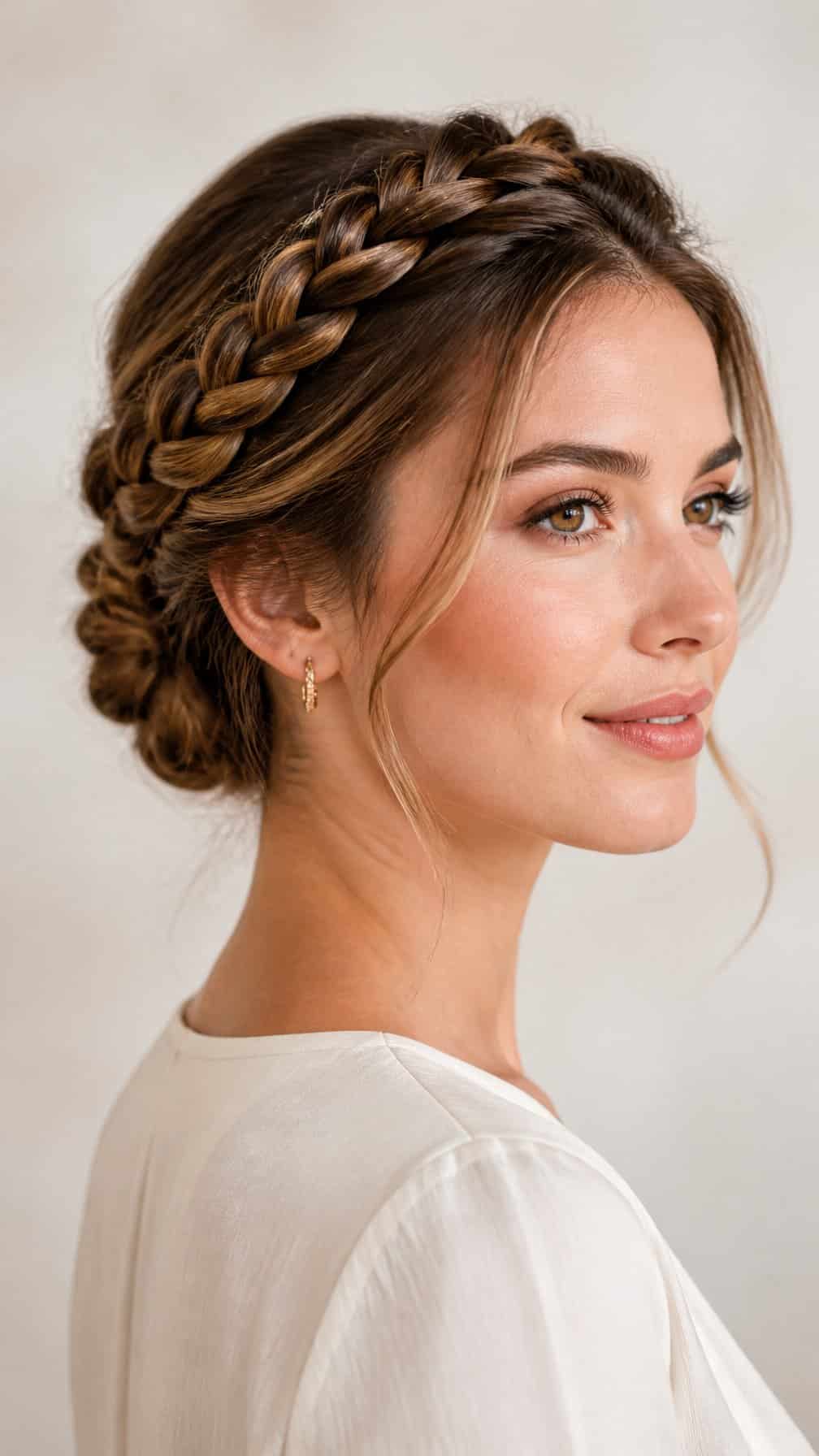 Woman wearing a braided crown updo hairstyle.