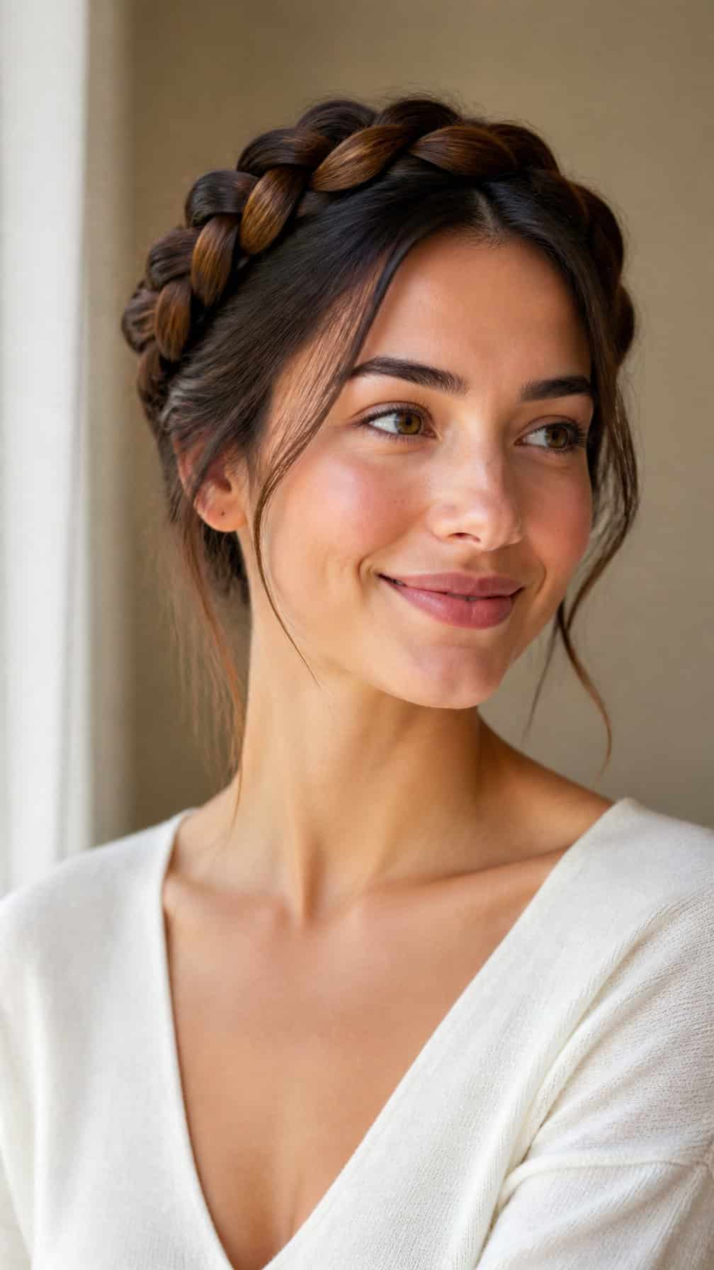 Woman wearing a braided crown hairstyle with a few loose strands framing her face.