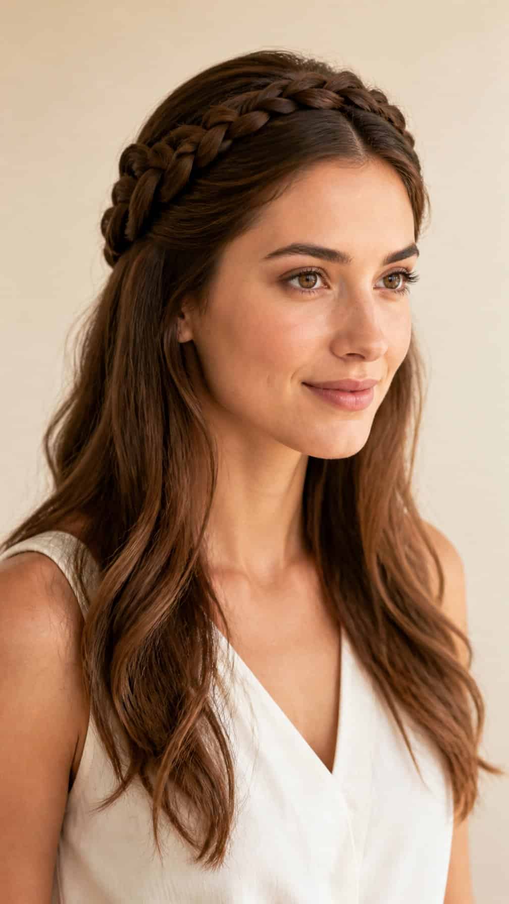 Woman with long hair wearing a braid across the top of her head.
