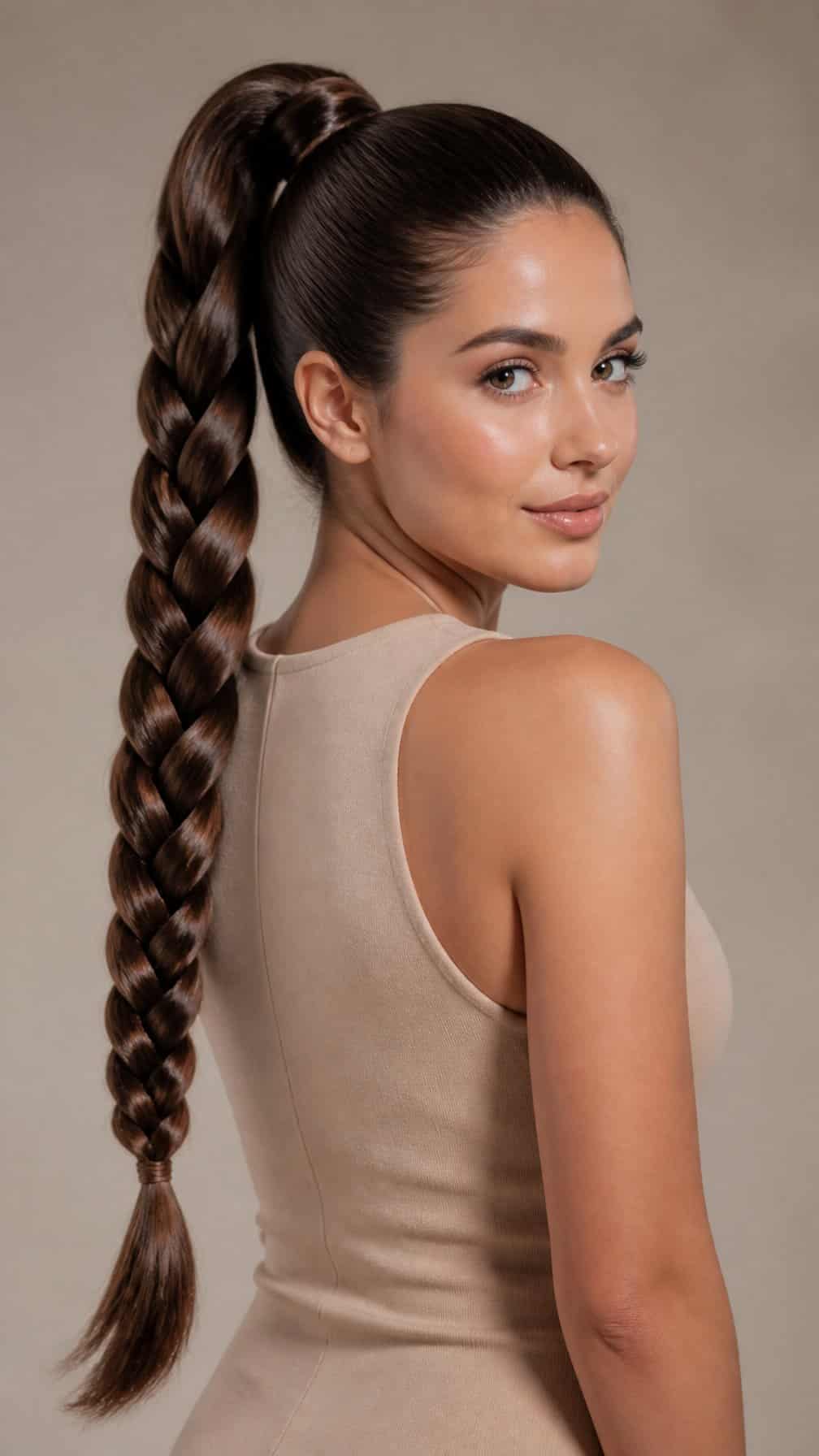 Woman with long hair styled in a high braided ponytail.