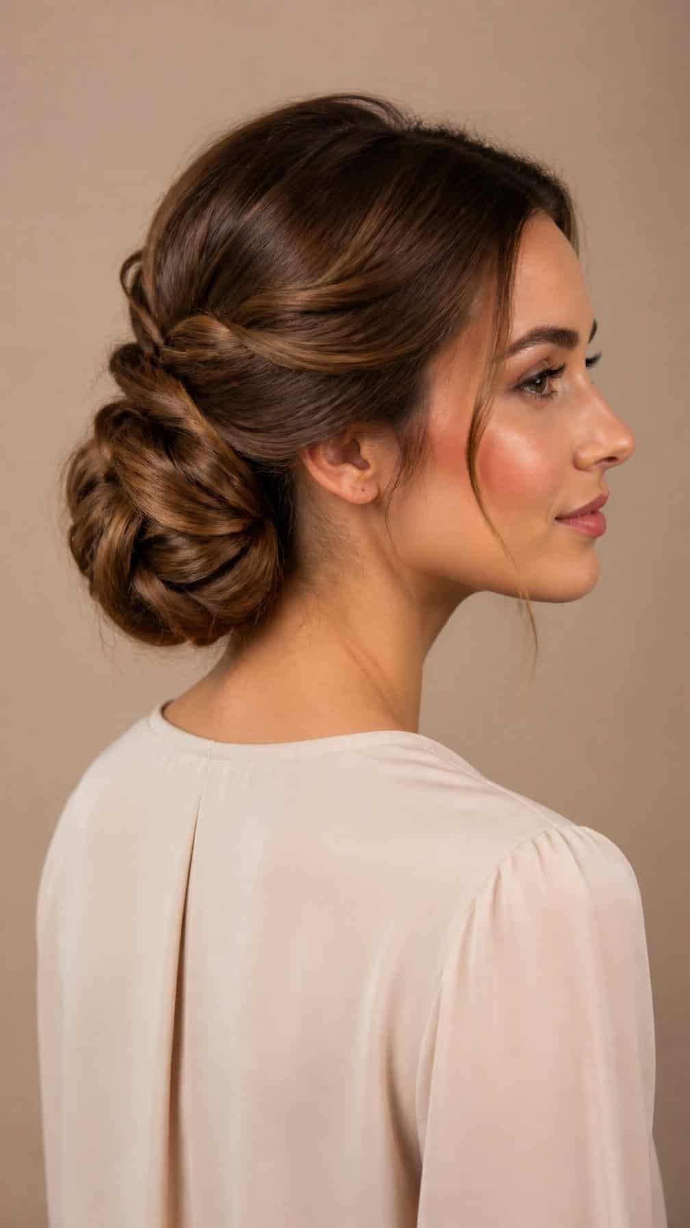 Woman with long hair arranged in a braided low bun at the back of her neck.