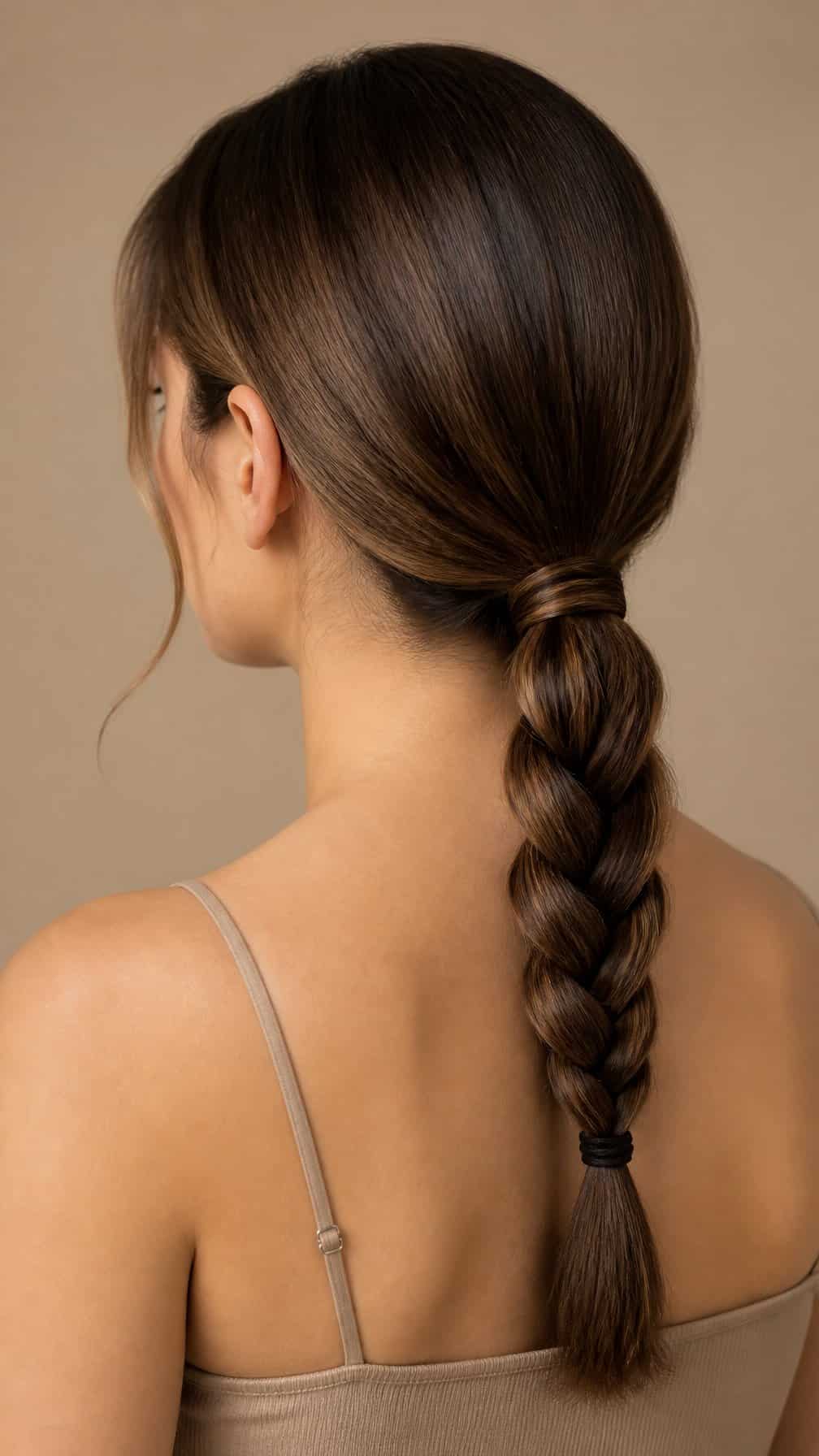 Woman with a neatly braided low ponytail viewed from behind.