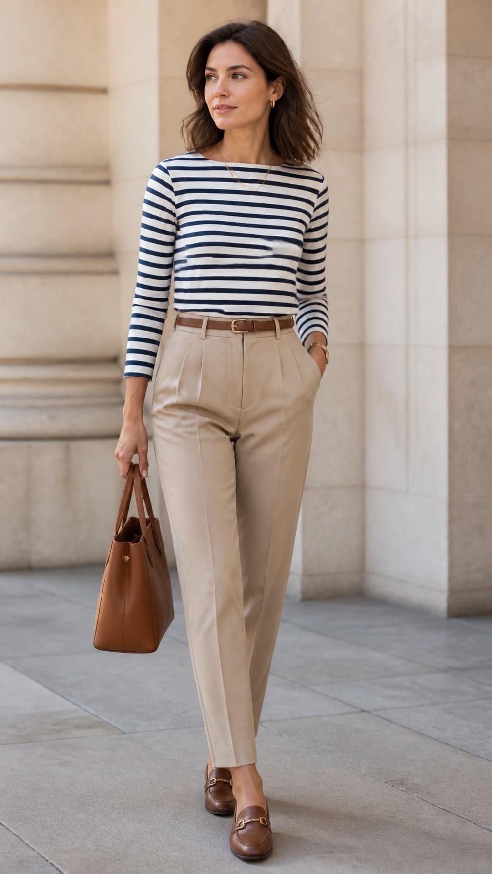 A woman wearing a navy-and-white striped top with tailored beige trousers in an elegant outdoor setting.