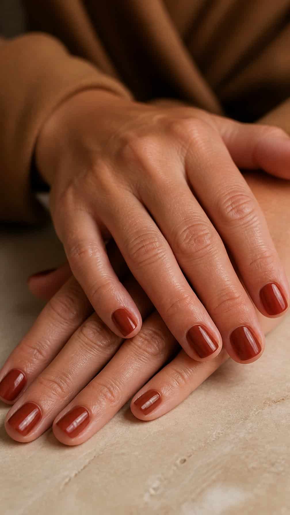 Mature woman’s hands with short, rounded brick red nails resting on a neutral surface.
