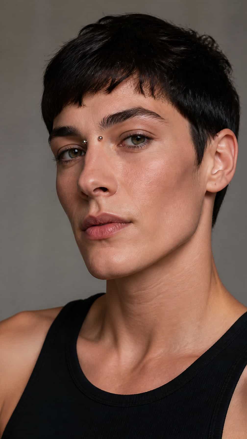 Person with an angular face wearing a bridge-to-brow piercing.