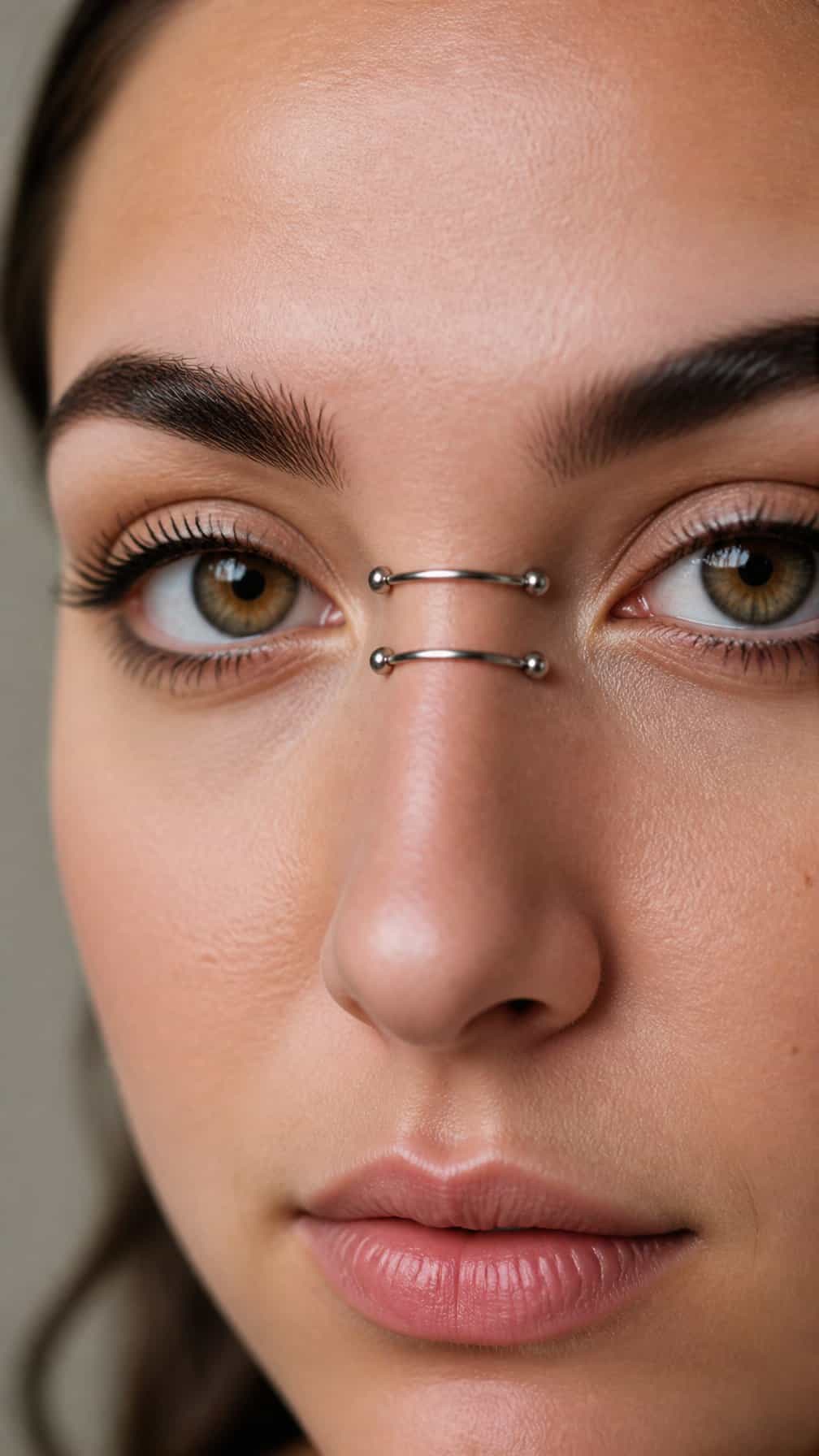 Close-up portrait showing a person wearing curved barbell jewelry through the bridge of the nose.