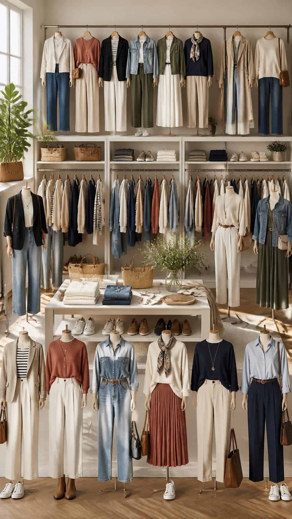 A bright wardrobe displays a variety of coordinated casual outfits, shoes, and accessories.