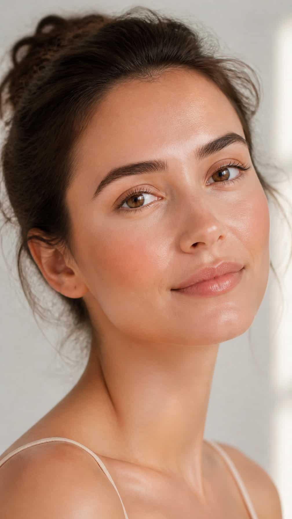 Woman wearing brightening concealer and soft apricot blush.