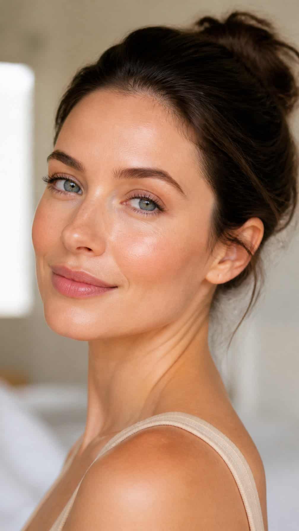 Woman with luminous natural makeup and a fresh, awake expression.