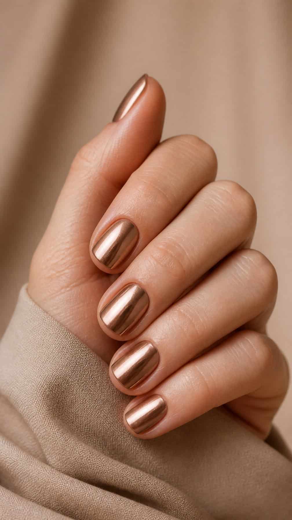 A close-up of short nails with a shiny bronze metallic manicure.