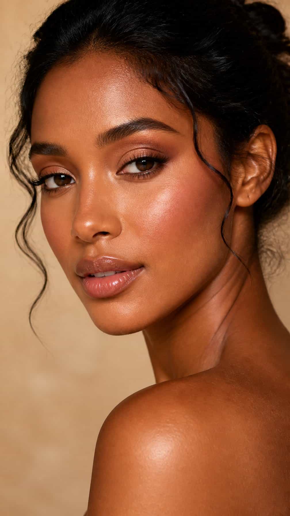 Close-up portrait of a woman wearing warm caramel and bronze makeup with glowing skin.