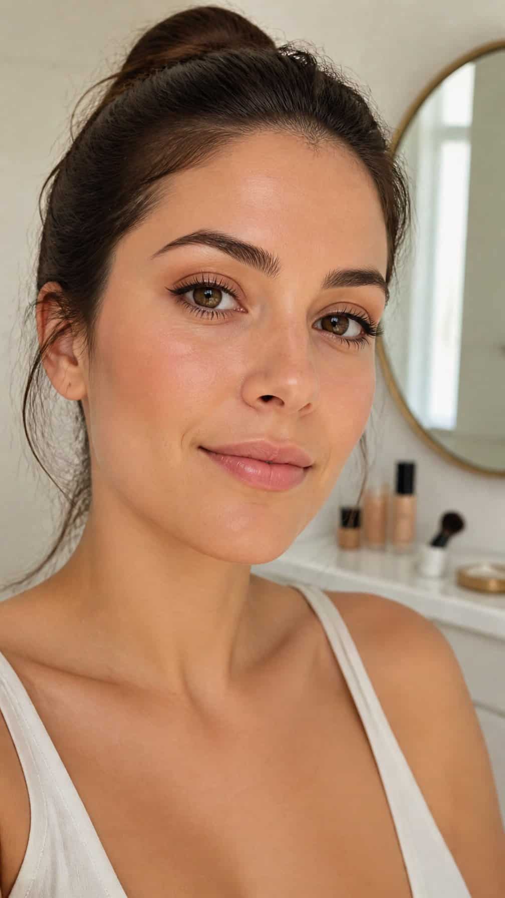 Woman wearing subtle brown eyeliner and mascara in a softly lit bathroom.