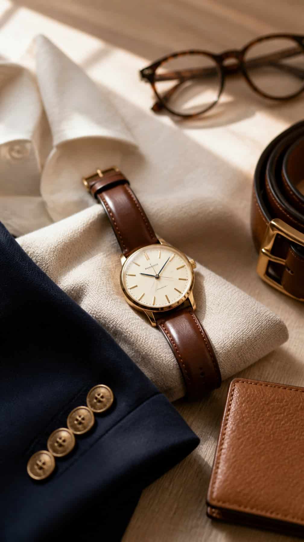 A brown leather wristwatch rests on folded neutral clothing beside classic wardrobe accessories on a wooden table.