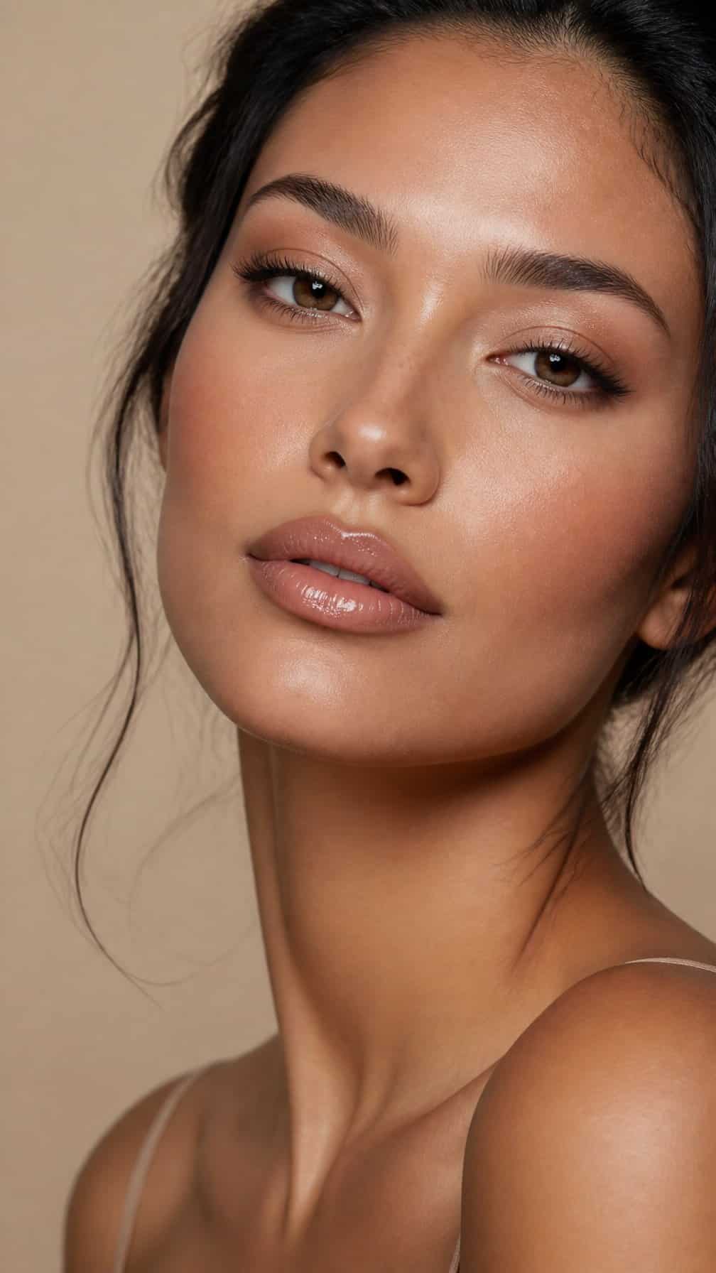 Close-up portrait of a woman wearing brown-lined glossy nude lipstick and soft glam makeup.