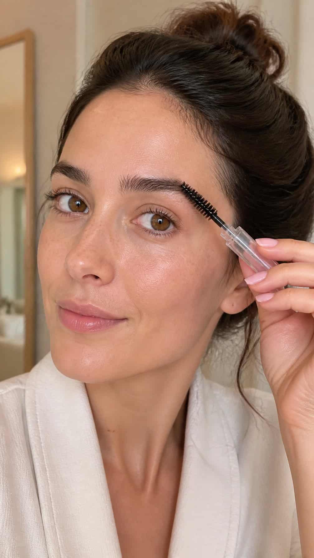 Close-up of a woman with naturally brushed-up eyebrows holding a clear brow gel applicator.
