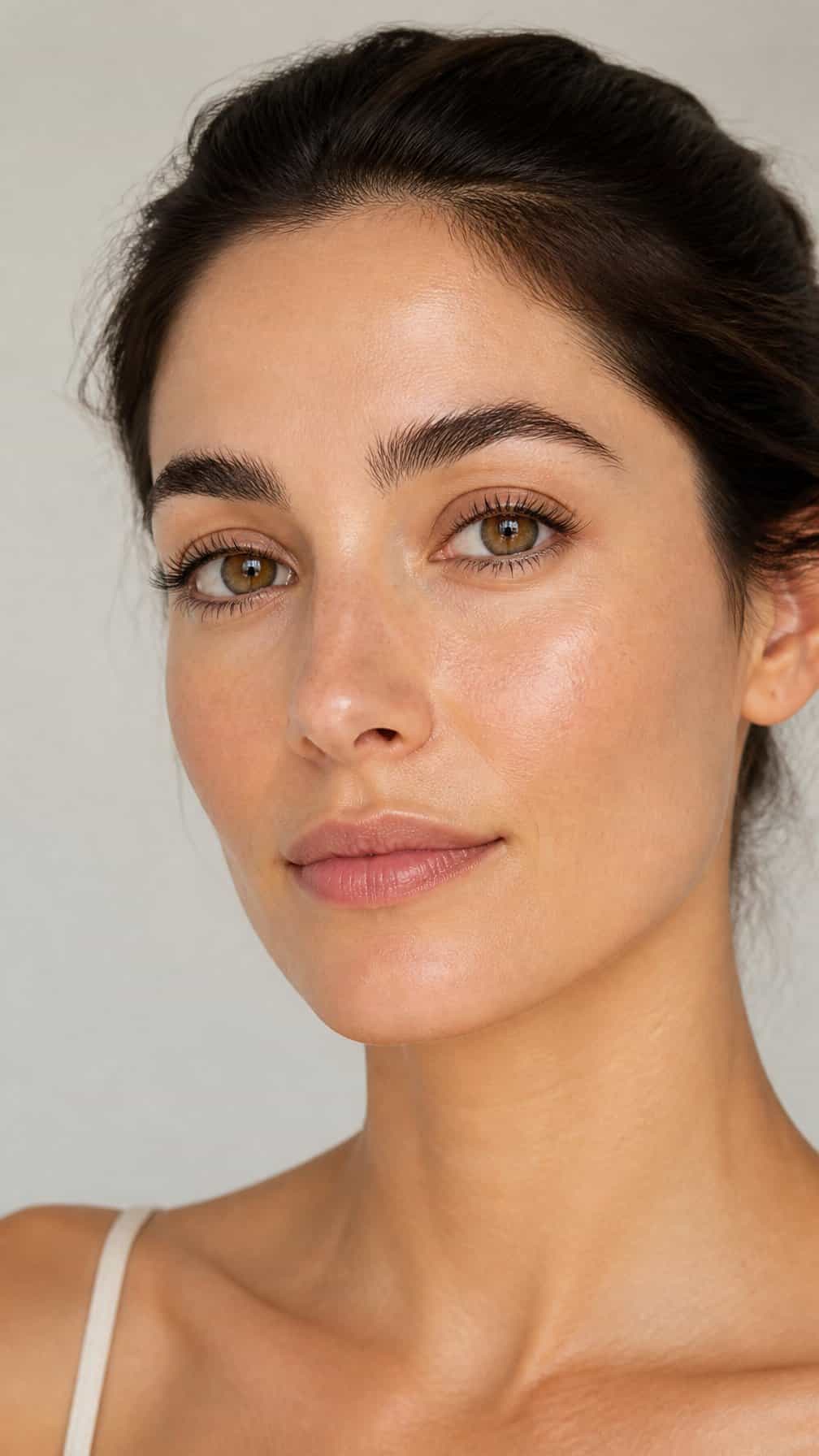 Close-up portrait of a woman with naturally full, brushed-up eyebrows and minimal makeup.