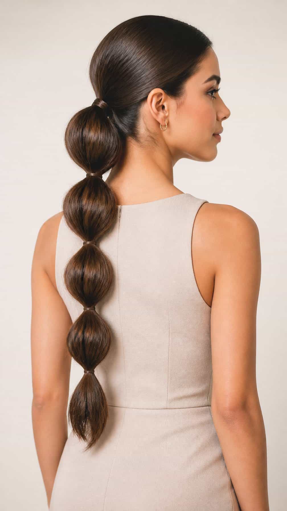 Woman with long hair styled in a segmented bubble braid ponytail.