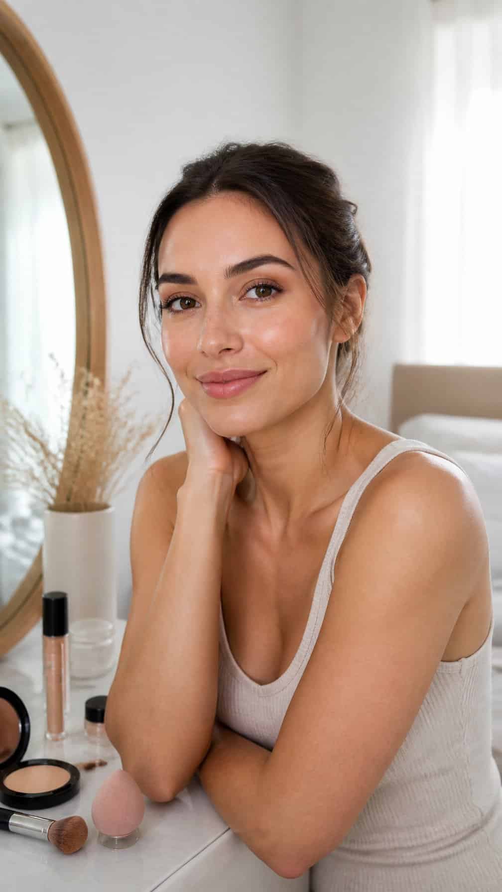 Woman wearing fresh, natural makeup beside a bright vanity with makeup essentials.
