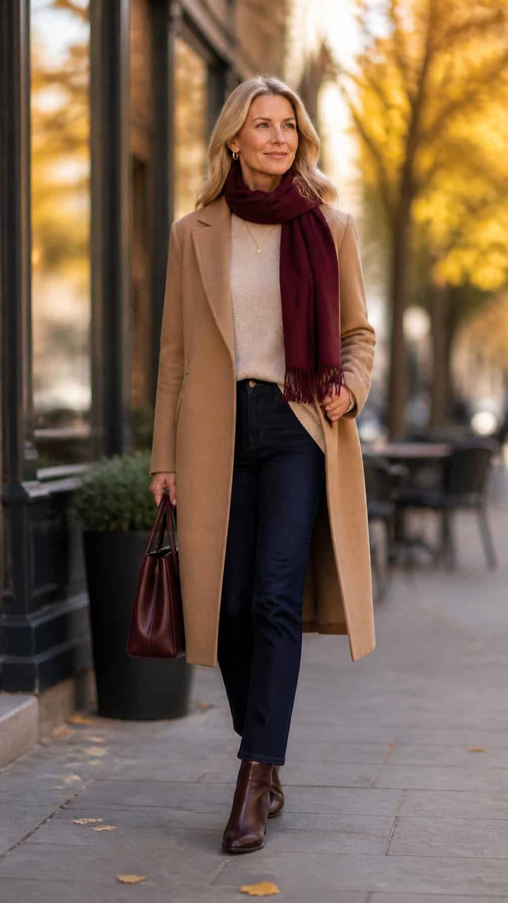 A stylish mature woman wearing a polished layered fall outfit stands on an autumn city street.