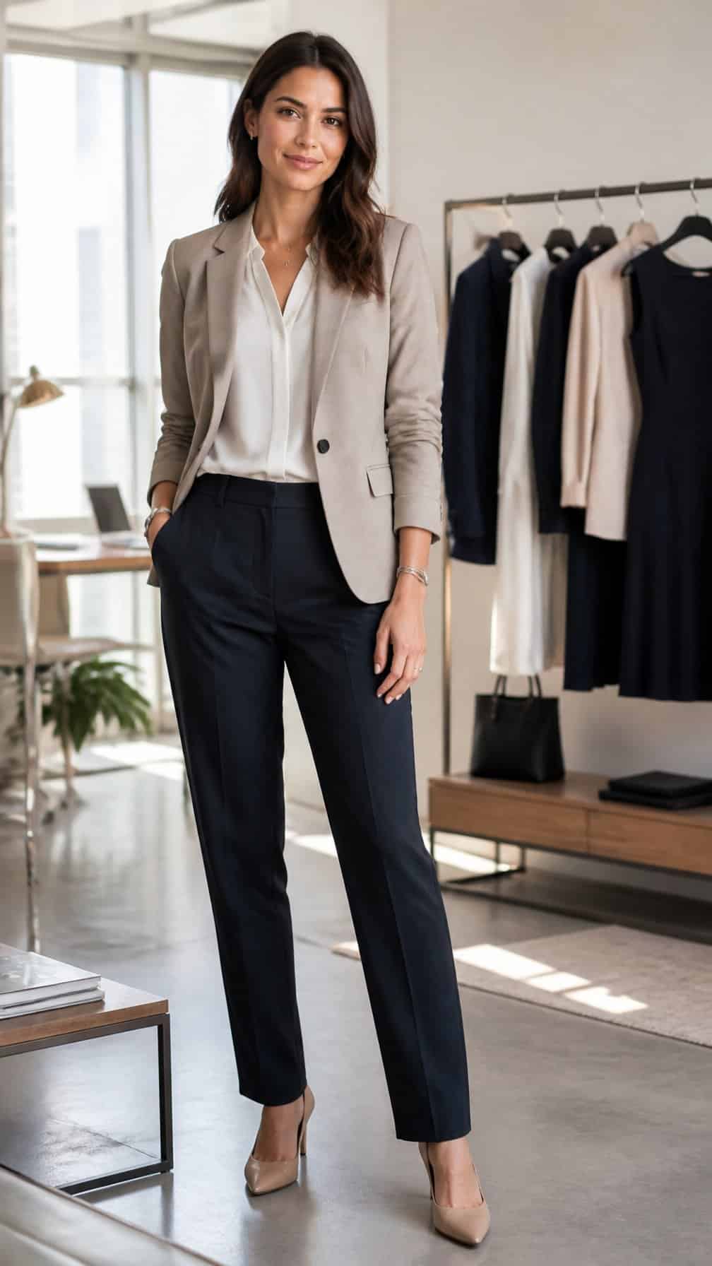 Professional woman in a tailored office outfit standing beside a coordinated workwear wardrobe in a modern office.