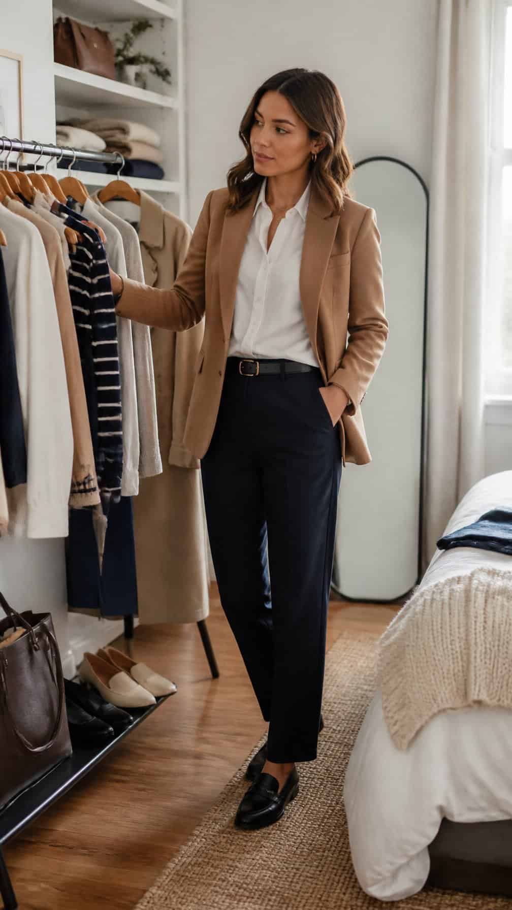 A woman arranges classic neutral clothing in a bright bedroom wardrobe area.