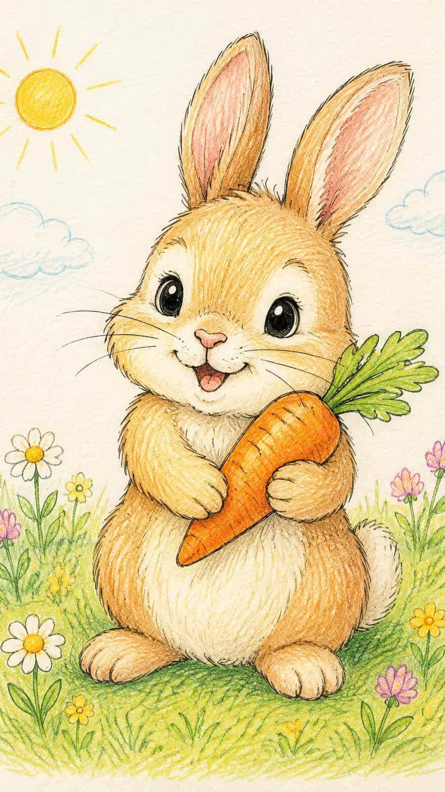 A hand-drawn artwork of bunny holding a carrot.