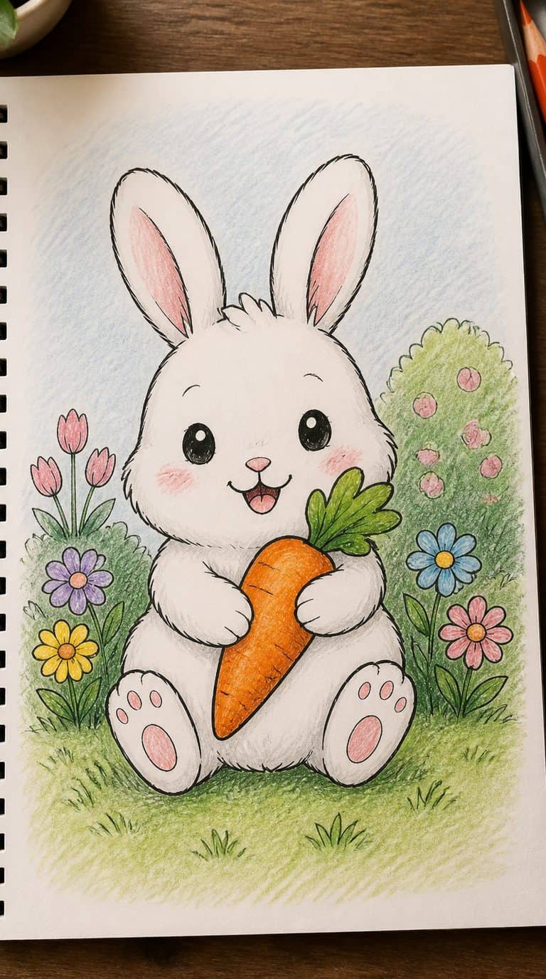 A hand-drawn artwork of bunny holding a carrot.