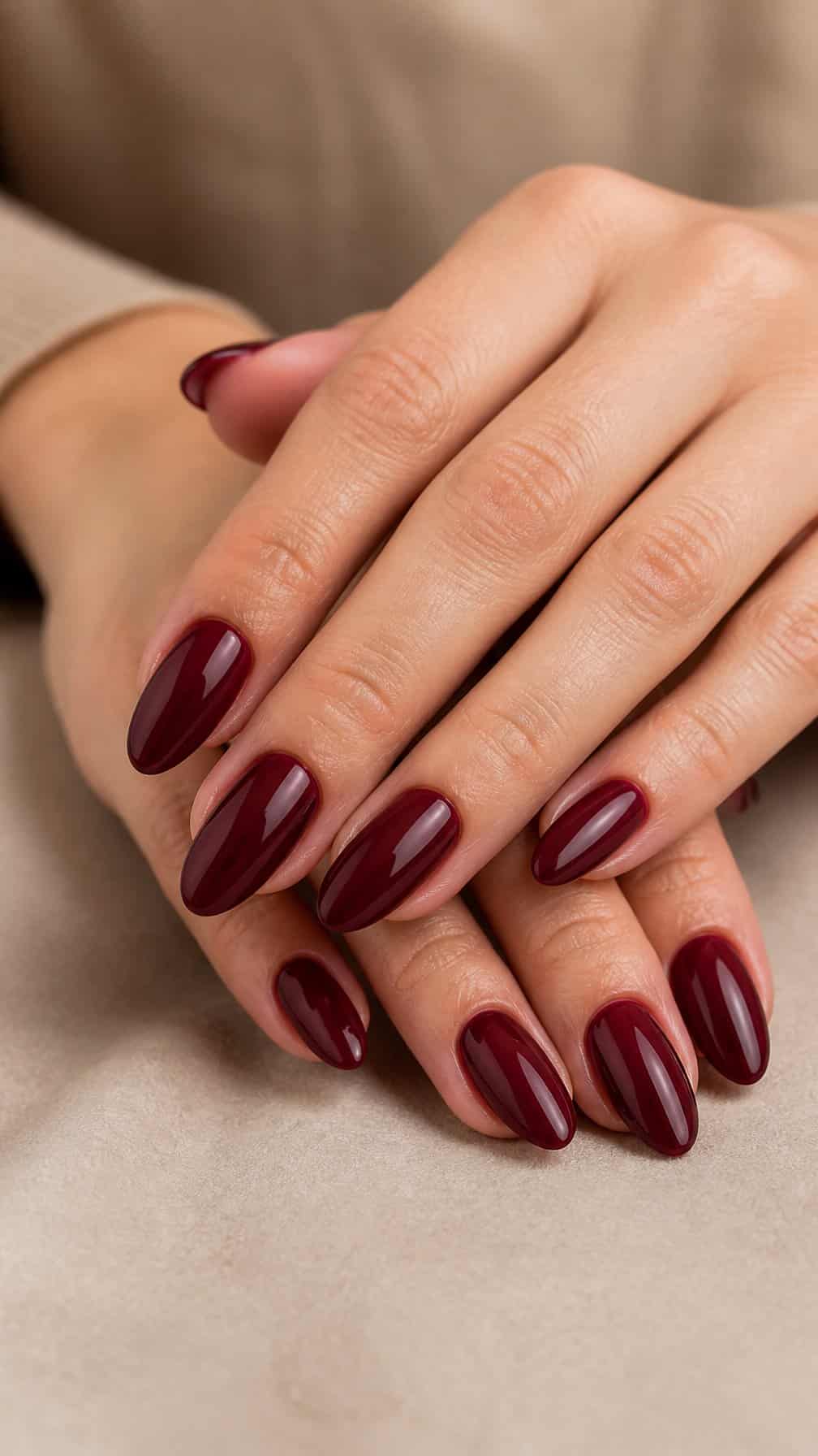 A close-up of hands with glossy burgundy almond-shaped nails resting on a neutral surface.