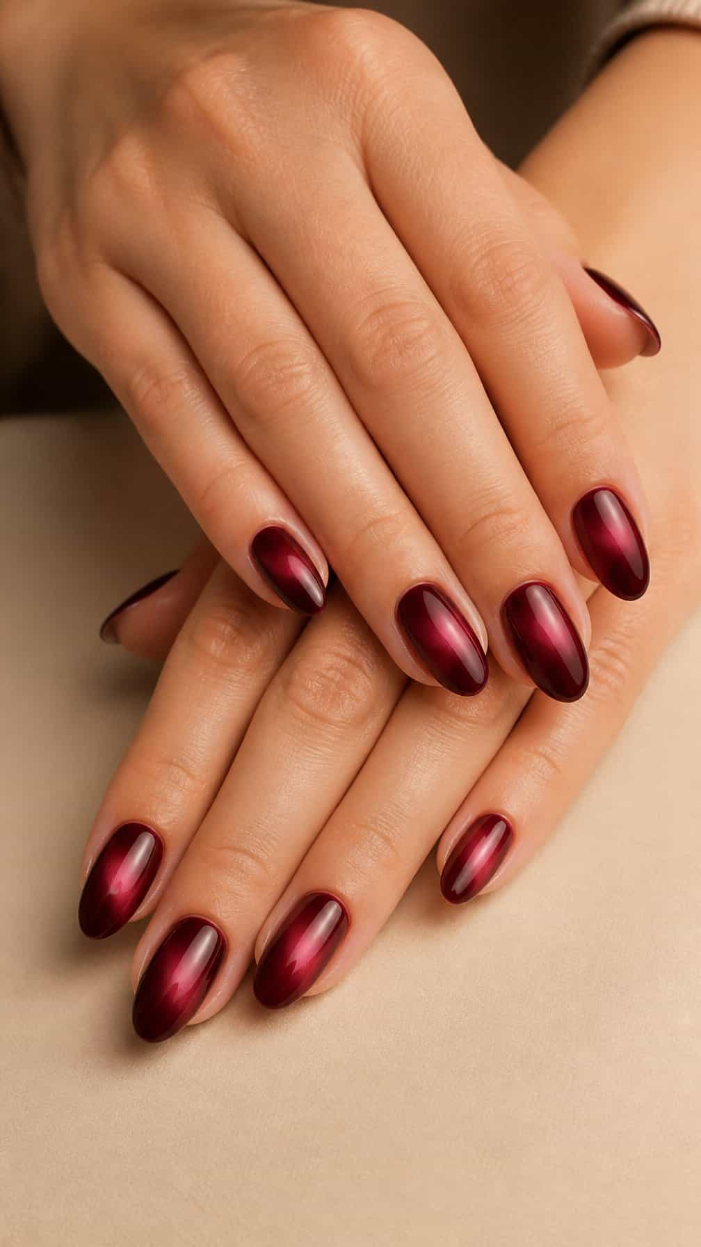 A close-up of hands with glossy burgundy aura nail designs resting on a neutral surface.