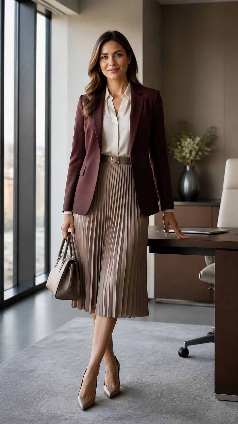 A woman in a burgundy blazer and pleated midi skirt standing in a modern office.