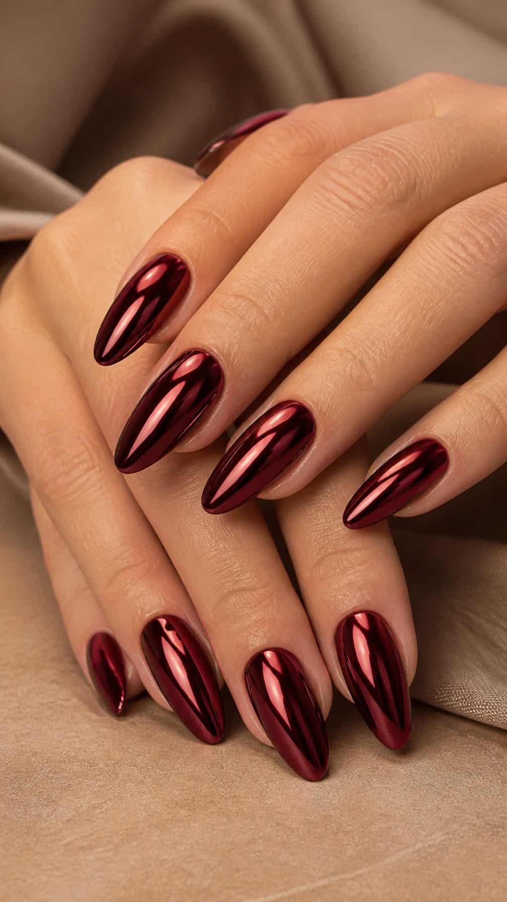 A close-up of hands with glossy burgundy chrome almond-shaped nails resting on a neutral surface.