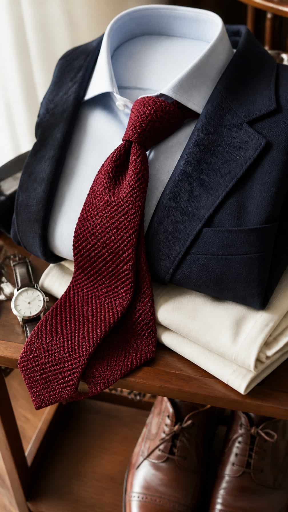 A burgundy knit tie arranged with a light shirt, navy blazer, and classic accessories.