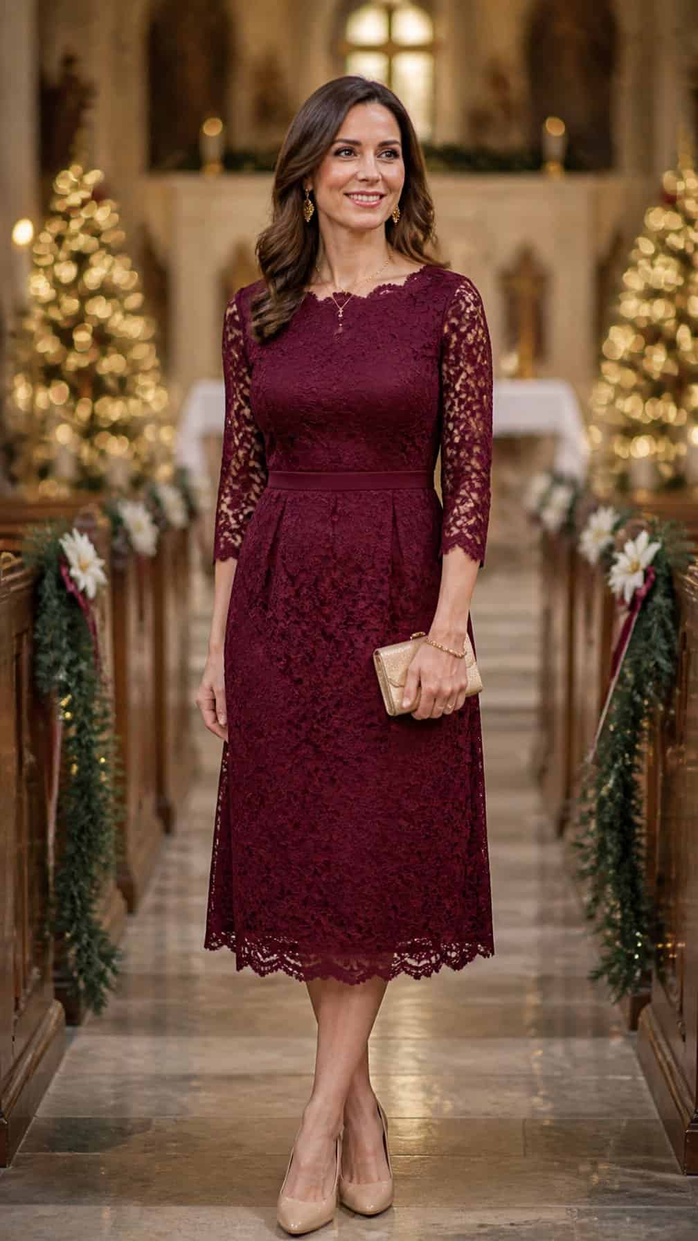 A woman wearing a burgundy lace dress stands inside a warmly decorated church.