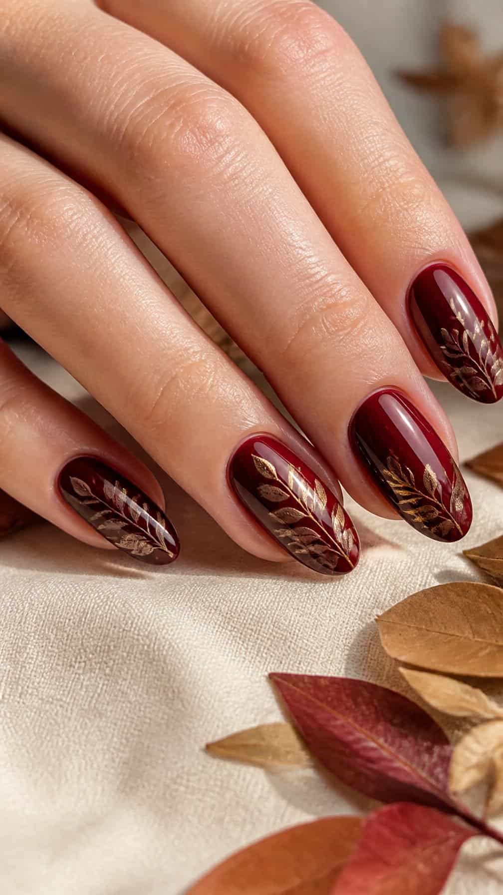 A hand with burgundy nails decorated with delicate leaf designs rests on a neutral surface.