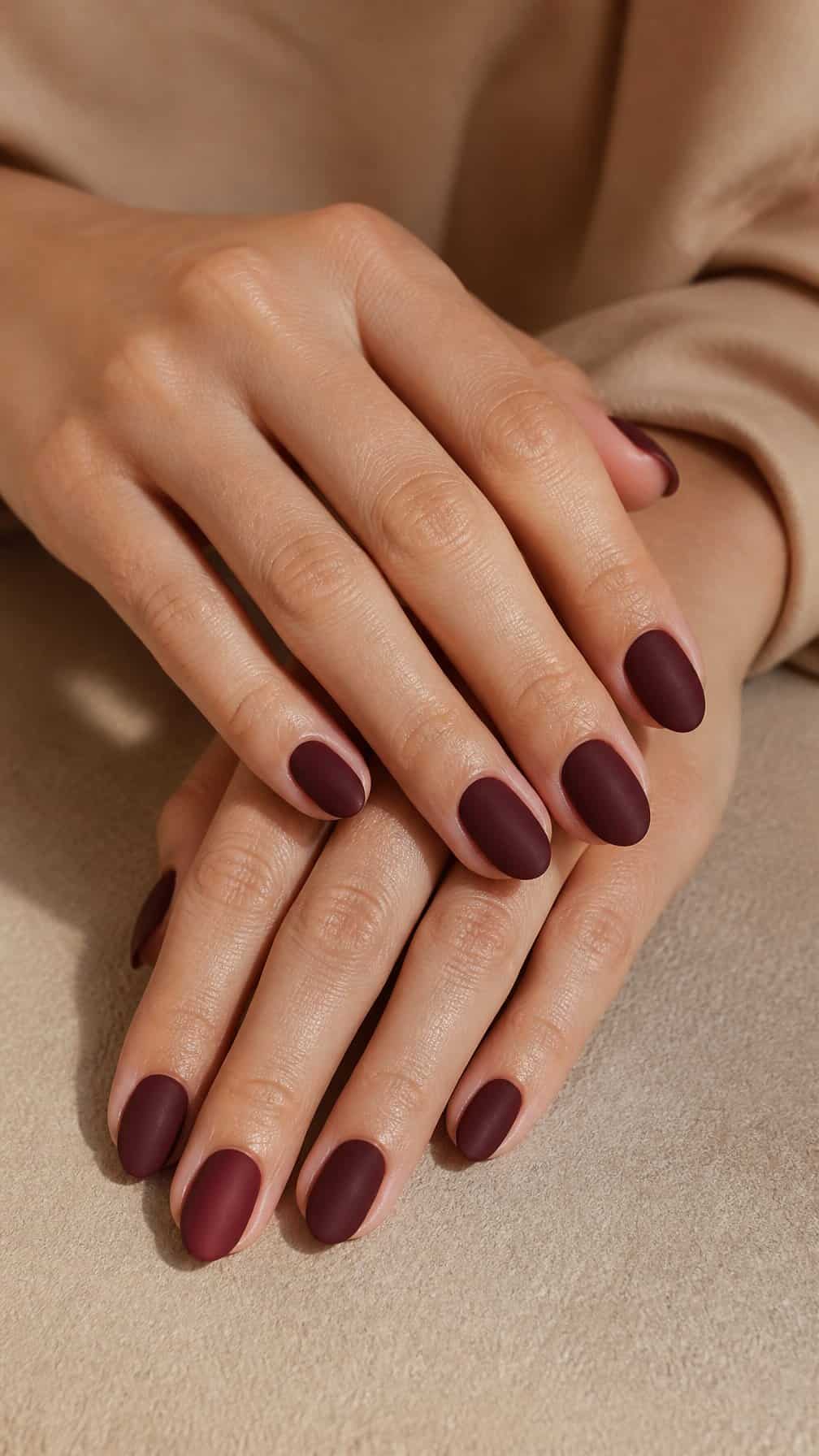 Close-up of hands with neatly manicured matte burgundy nails resting on a neutral surface.