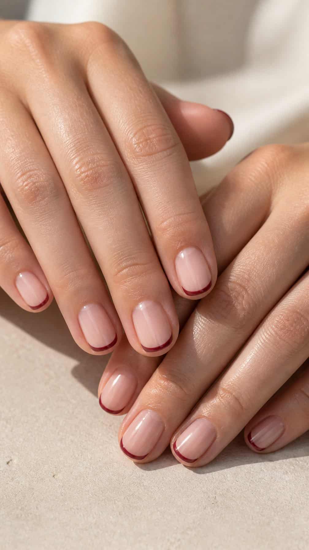 A close-up of manicured hands with sheer nude nails and thin burgundy tips resting on a light surface.