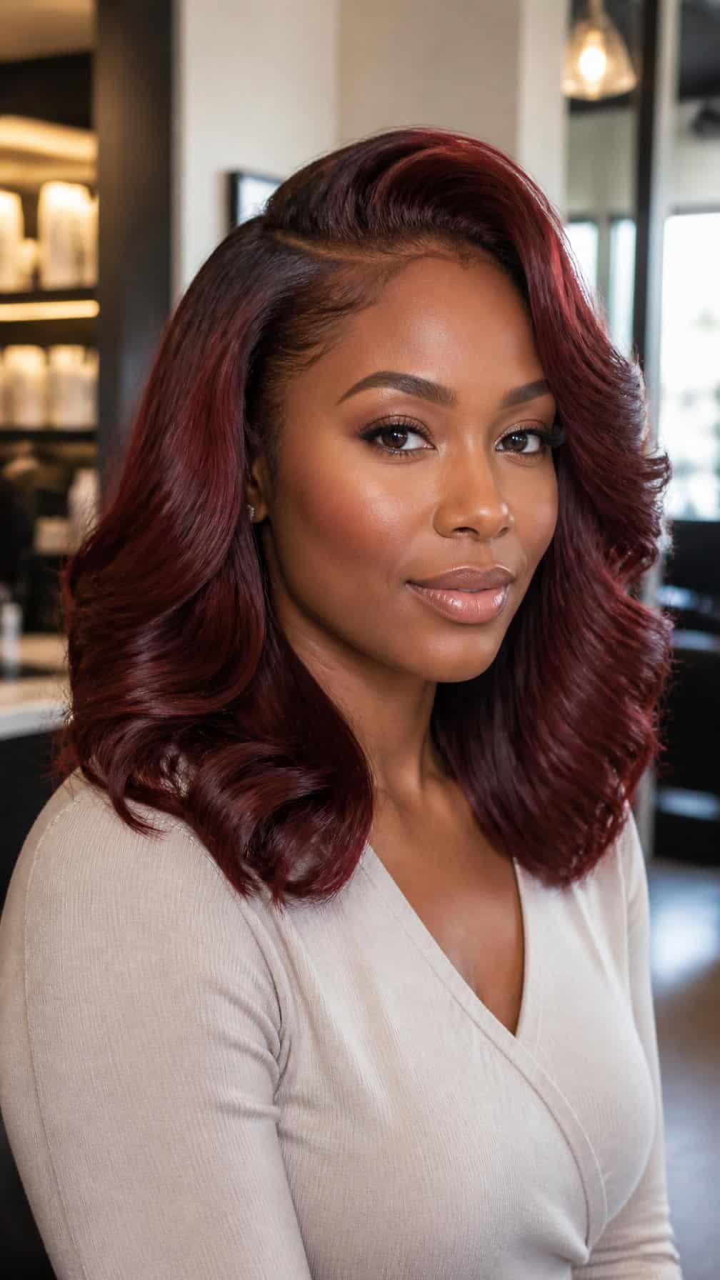 A woman poses in a softly lit salon with styled hair and a confident expression.