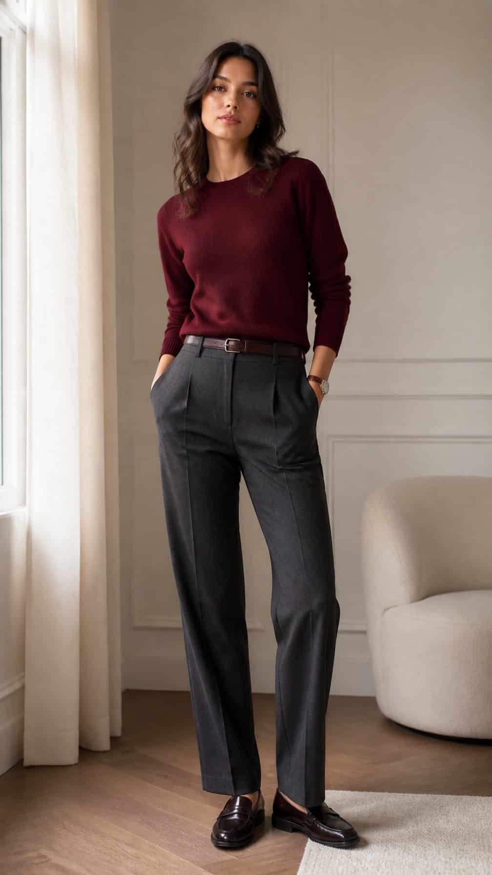A person wearing a burgundy sweater and charcoal tailored pants stands in a bright neutral interior.