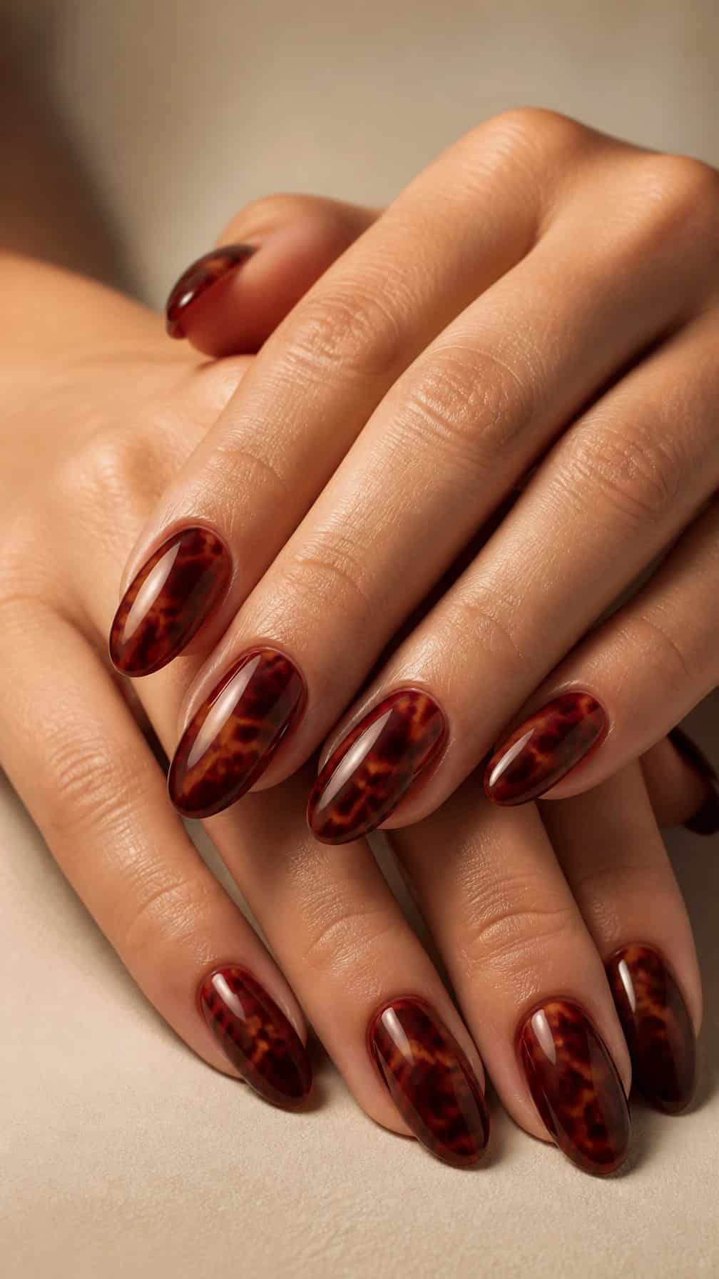 Close-up of a hand with glossy burgundy tortoiseshell patterned nails.