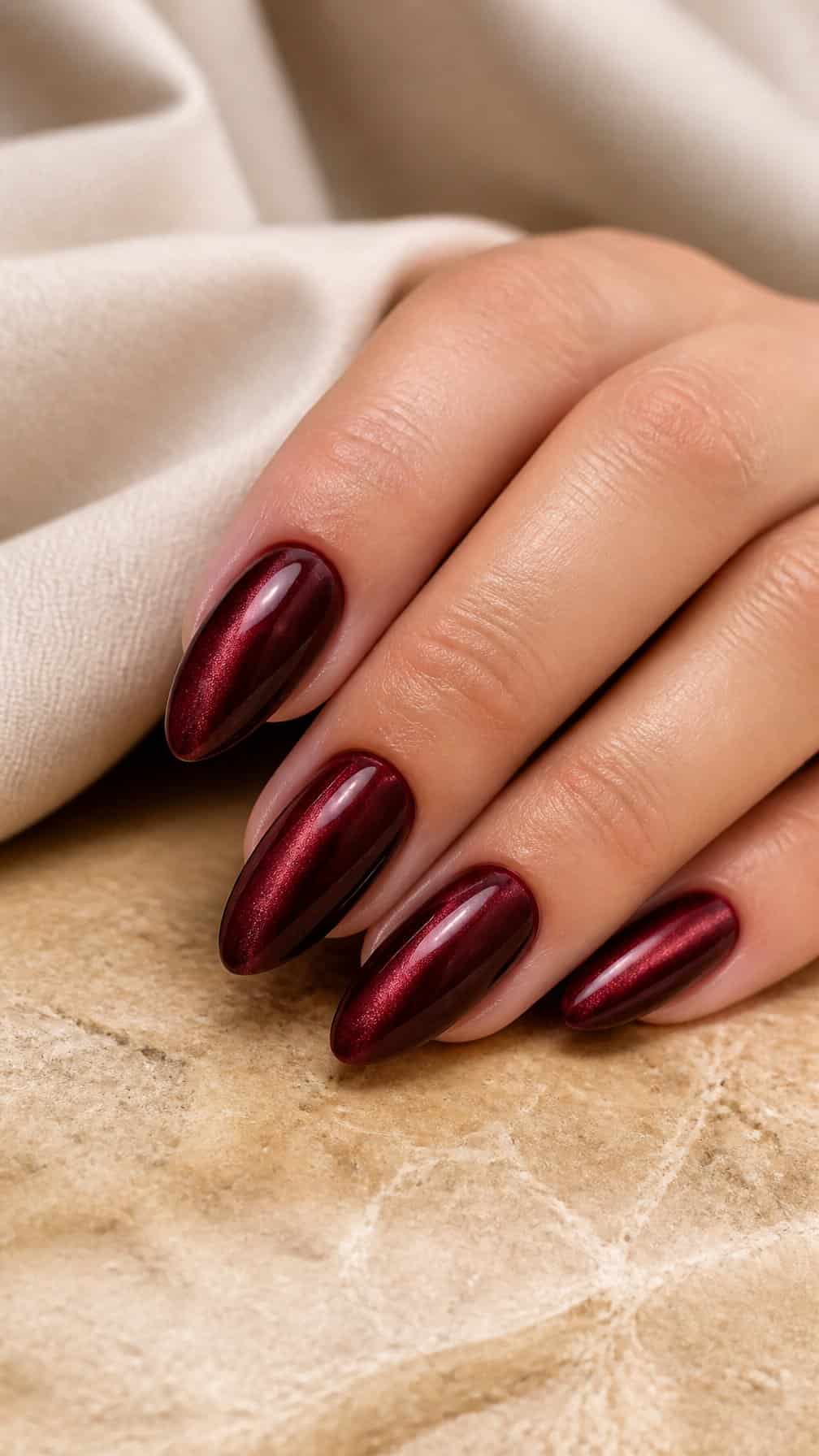 A hand with glossy burgundy cat-eye manicure resting on a neutral surface.