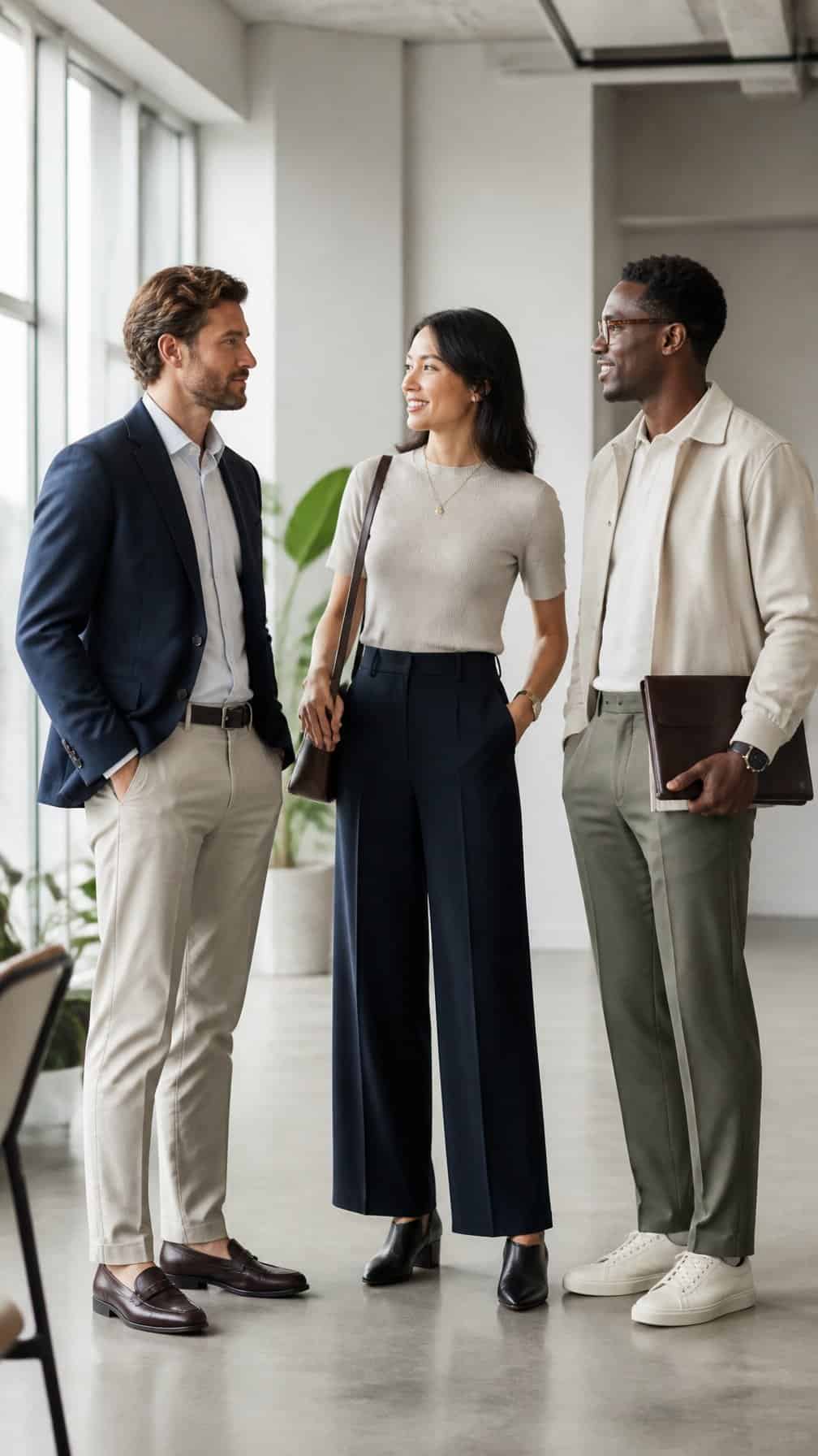Three professionals wearing polished business casual outfits stand together in a bright modern office.