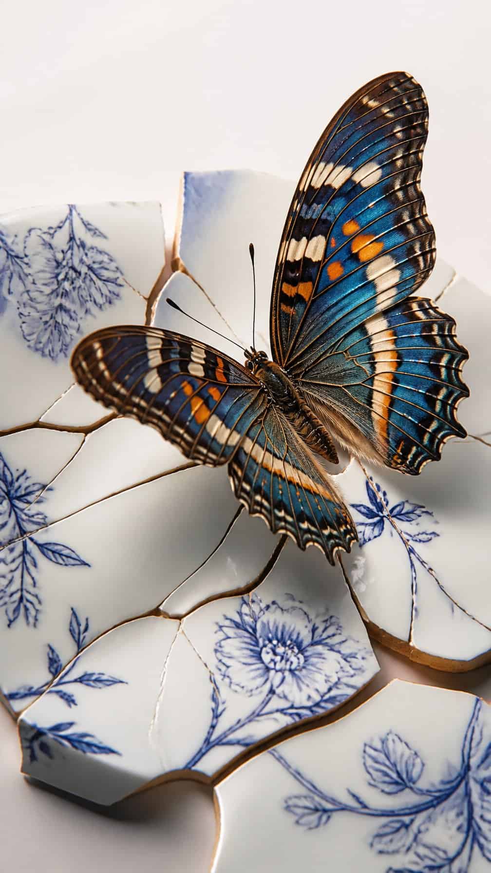 A colorful butterfly emerges from a cracked white porcelain pattern.