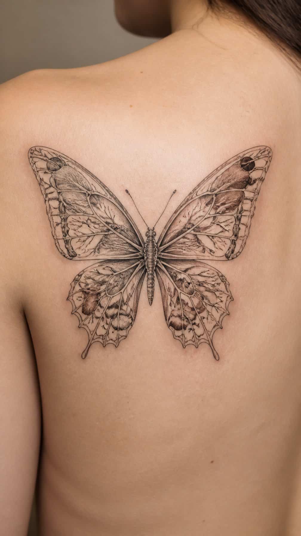 A butterfly tattoo design made from delicate anatomical line drawings on skin.
