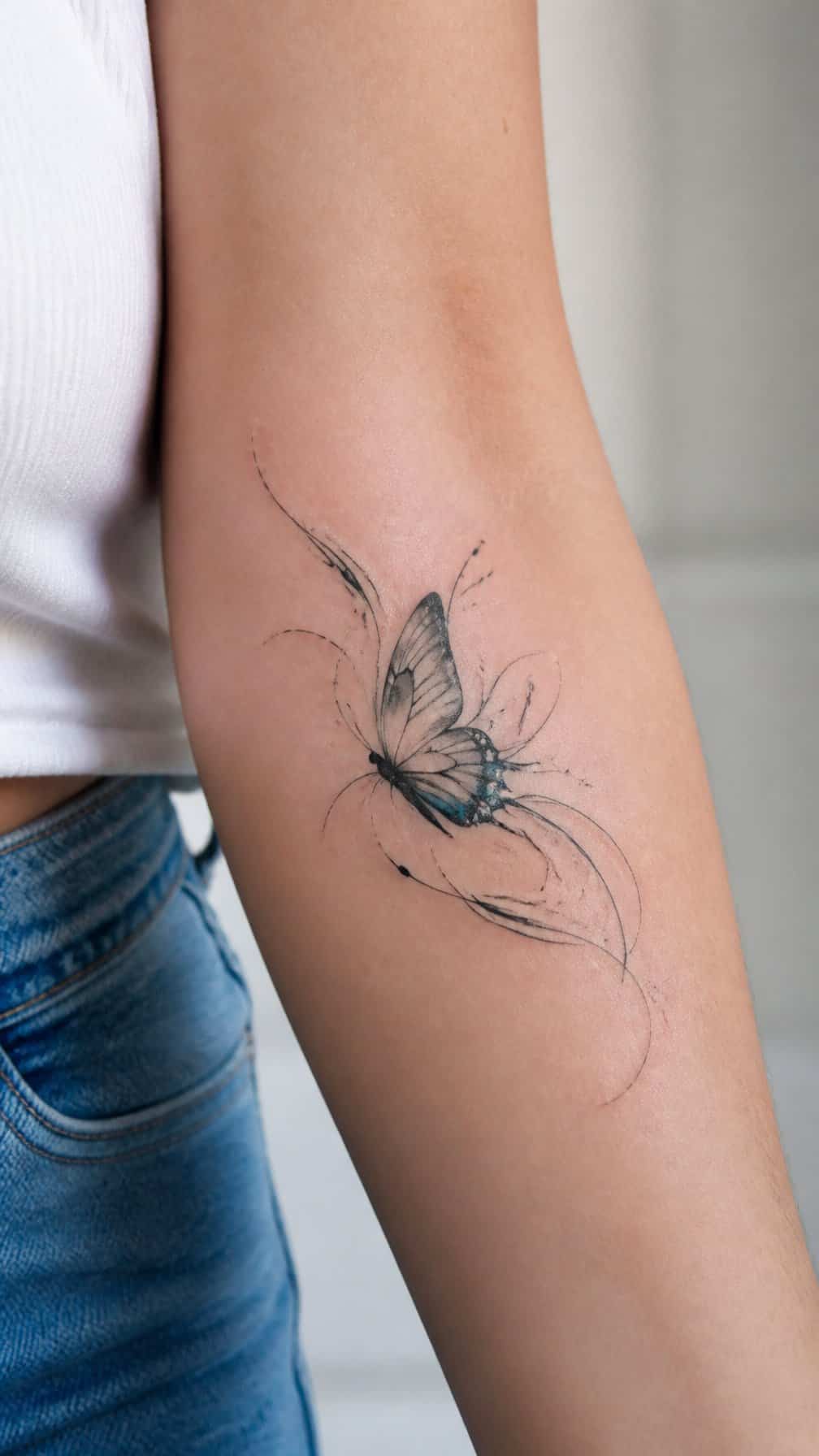 A close-up of a delicate butterfly tattoo with flowing abstract ink lines on human skin.